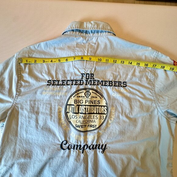 Antik Denim Button Up Patch Shirt Mens Large Blue Long Roll Tab Sleeves Patches - Picture 10 of 13